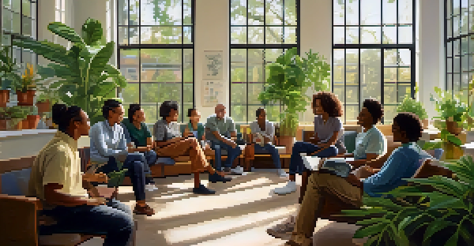 A diverse group of teachers in a cozy lounge area, engaged in a supportive discussion with smiles and laughter.