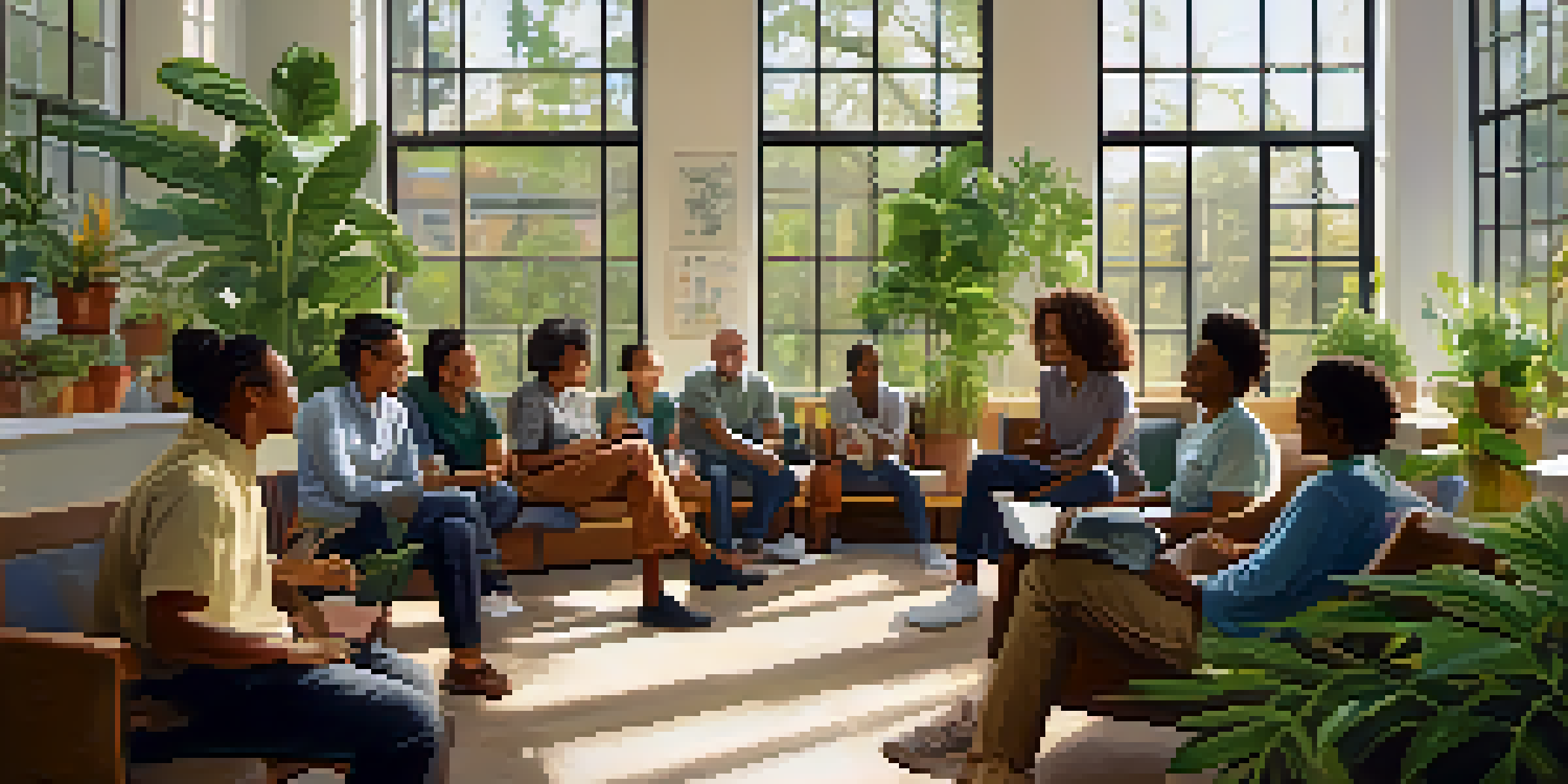 A diverse group of teachers in a cozy lounge area, engaged in a supportive discussion with smiles and laughter.