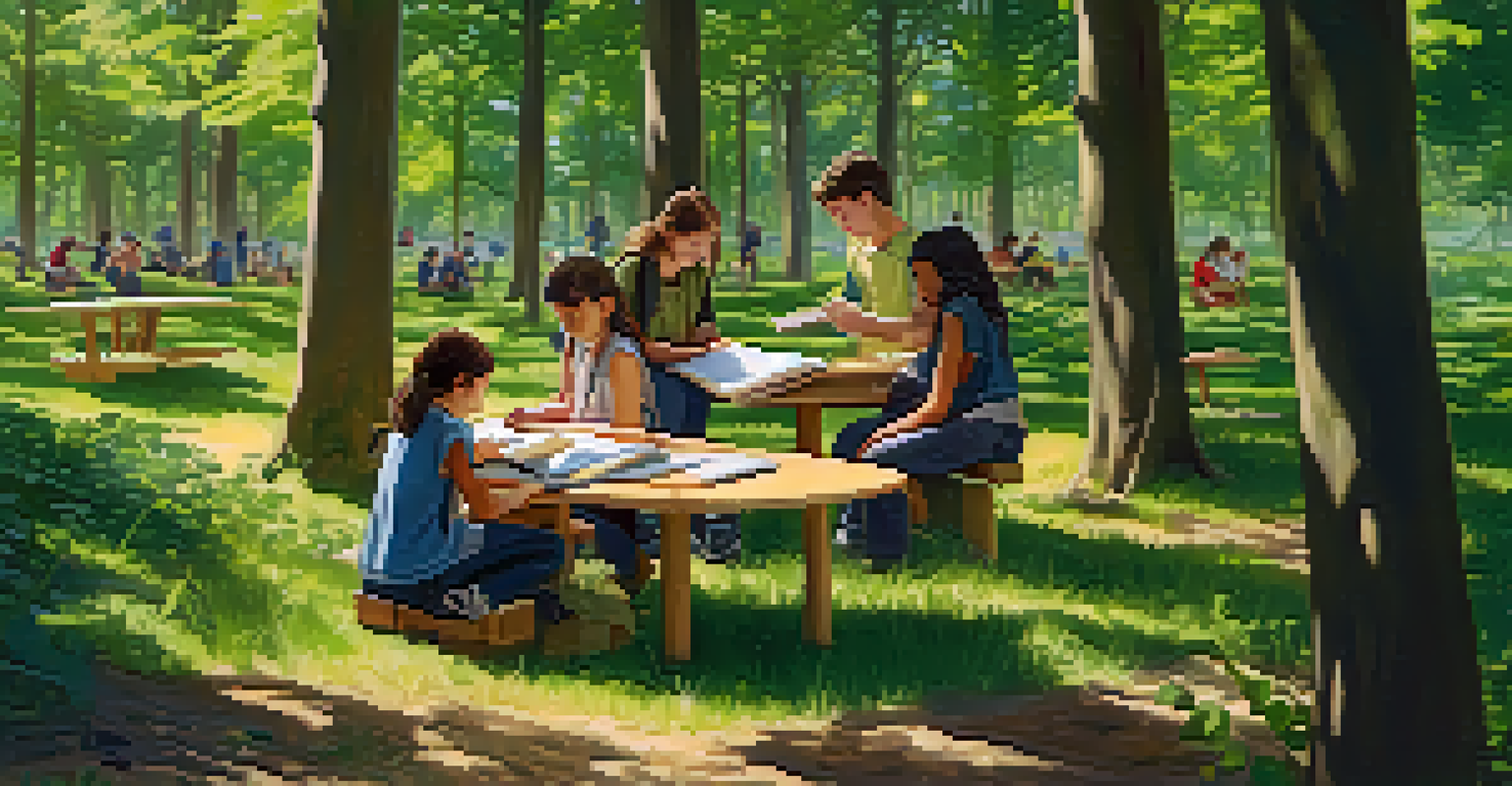 Students exploring a natural habitat, observing wildlife and discussing findings in a lush outdoor classroom, illuminated by sunlight.