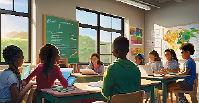 A bright and colorful classroom where a teacher helps students using a digital whiteboard. Students of different backgrounds are engaged with laptops and collaborating at a table full of learning materials.