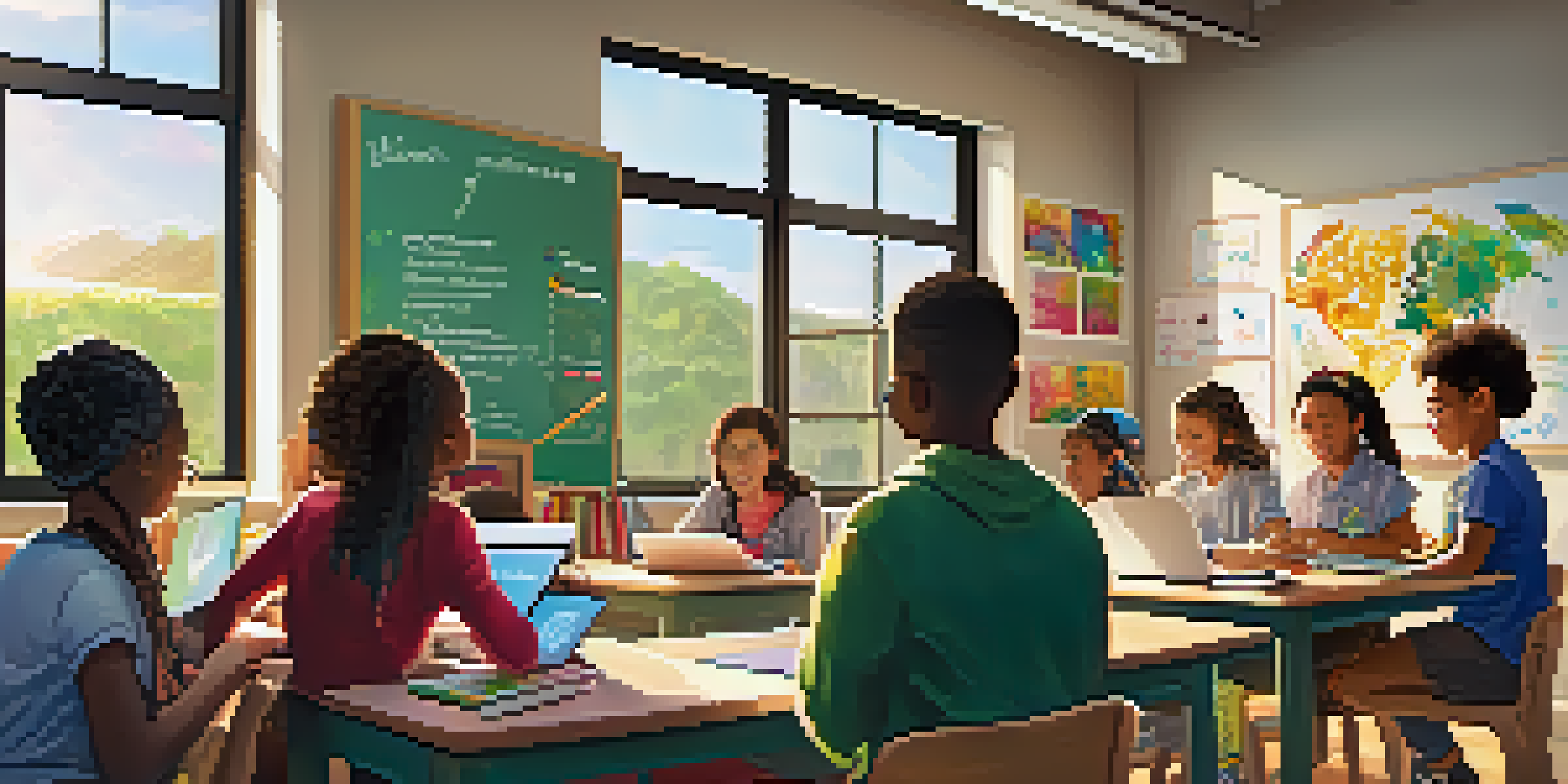 A bright and colorful classroom where a teacher helps students using a digital whiteboard. Students of different backgrounds are engaged with laptops and collaborating at a table full of learning materials.