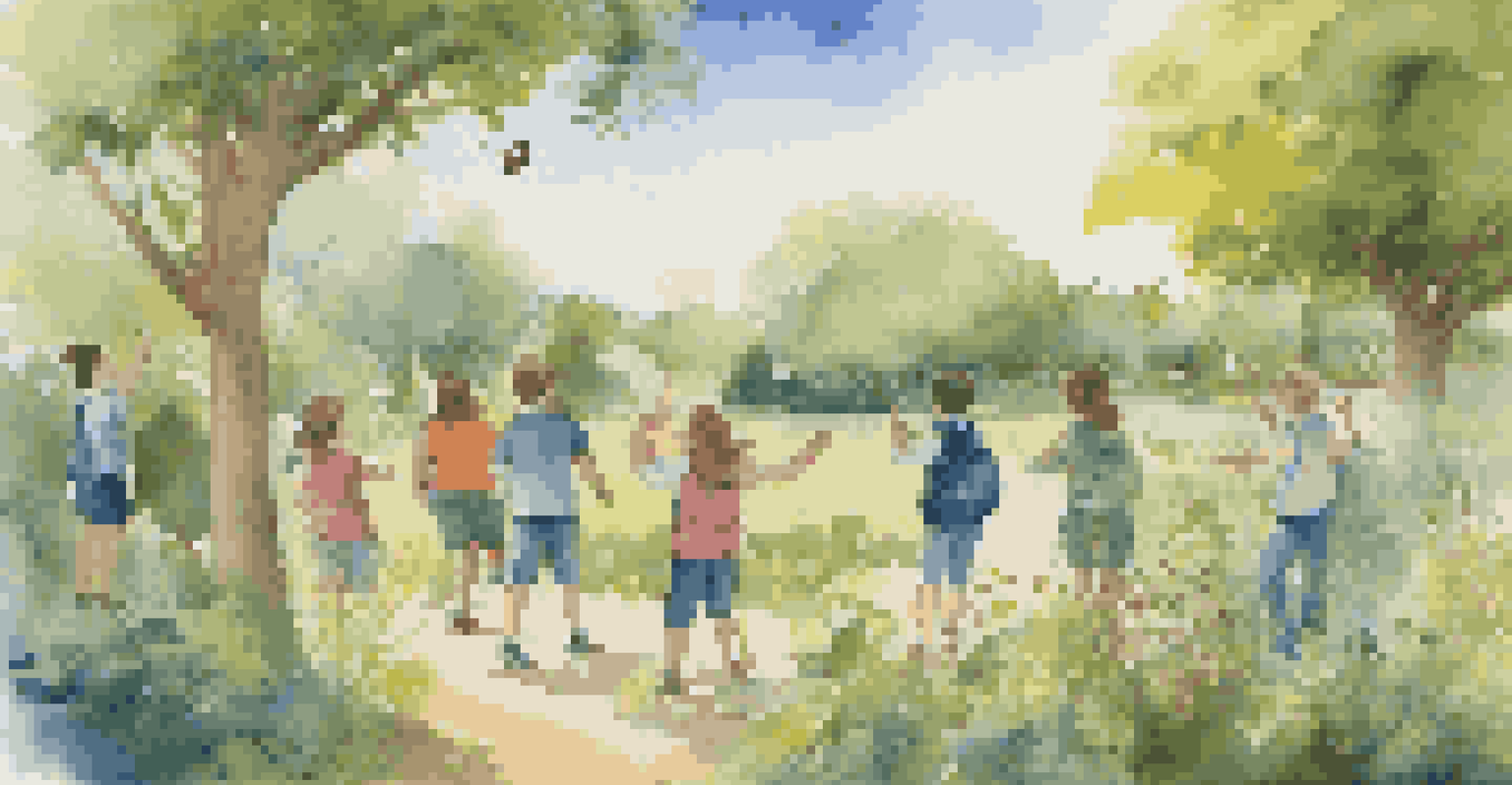 A teacher guiding students on a nature walk, with greenery and a blue sky in the background, fostering an engaging educational experience.