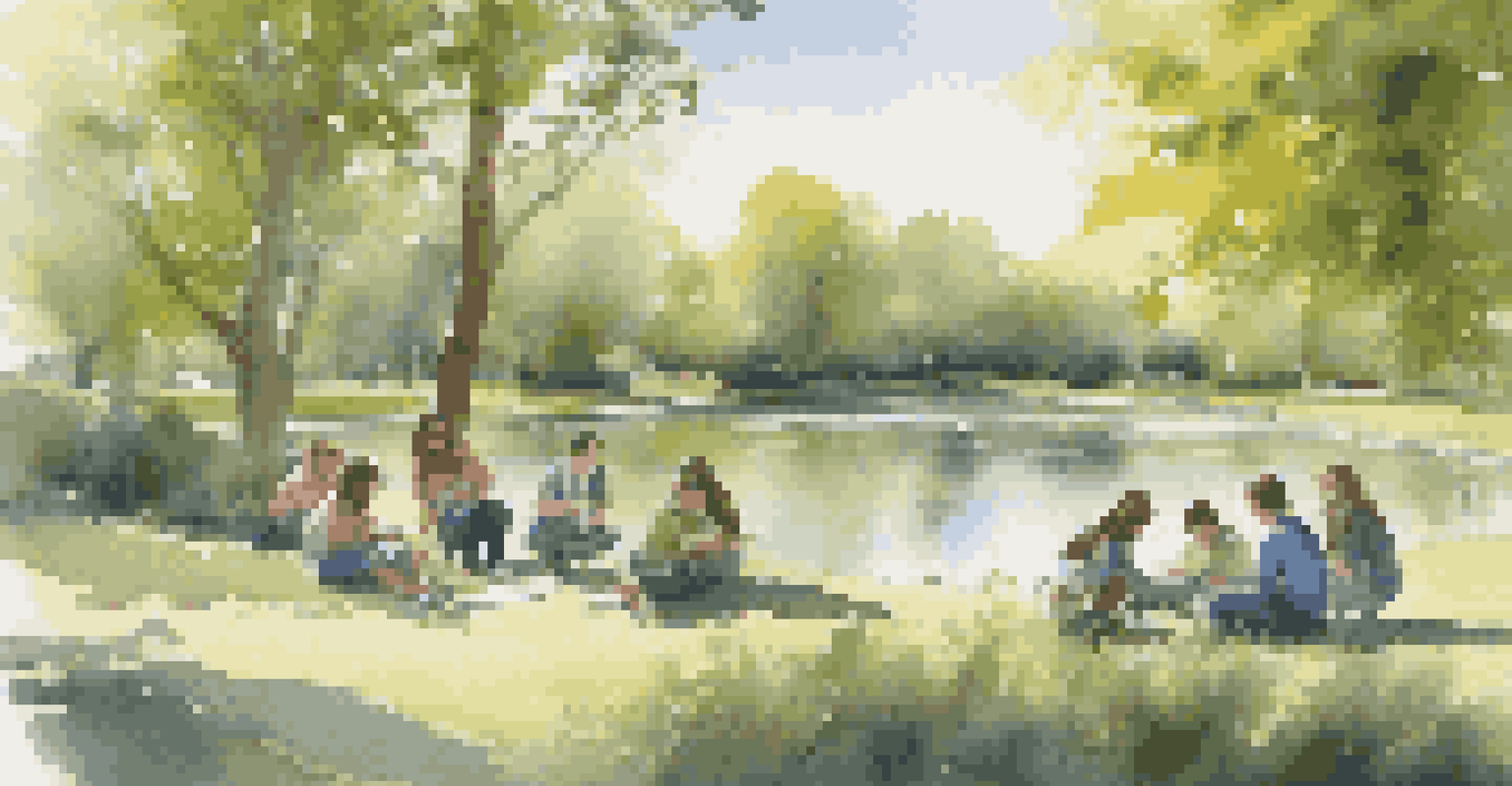 Students conducting environmental research at a park, observing wildlife and taking notes in a serene outdoor setting.