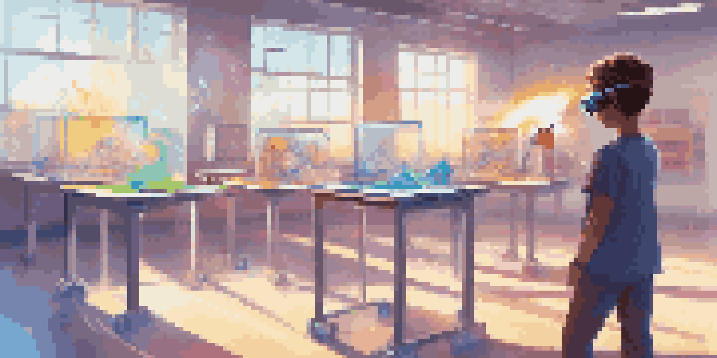 A student using augmented reality glasses in a bright classroom, interacting with colorful virtual lab equipment and simulations.