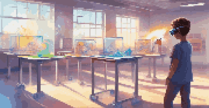 A student using augmented reality glasses in a bright classroom, interacting with colorful virtual lab equipment and simulations.