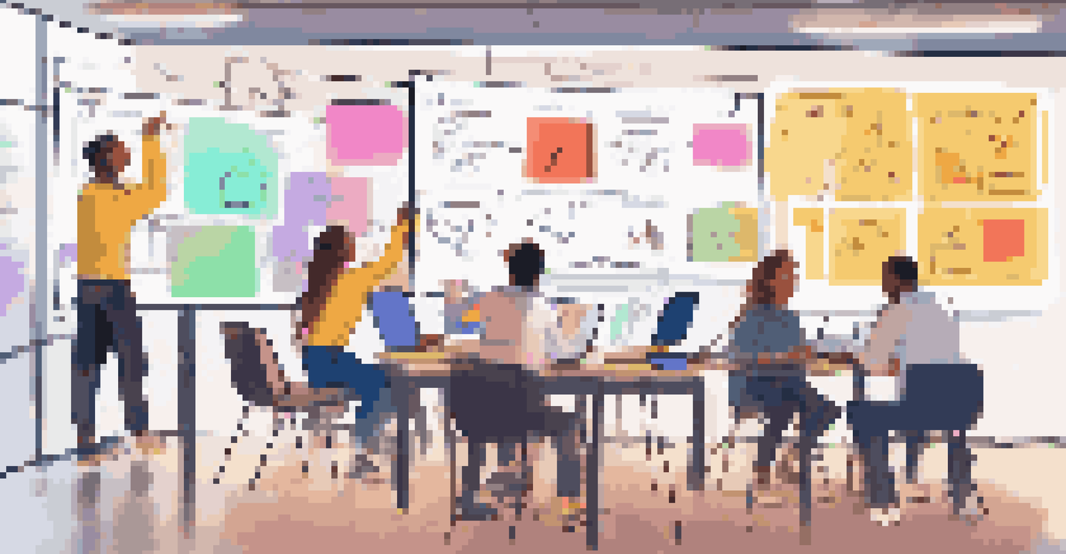 Students collaborating at a large table with laptops and sticky notes during a peer feedback activity, with a colorful wall chart in the background.