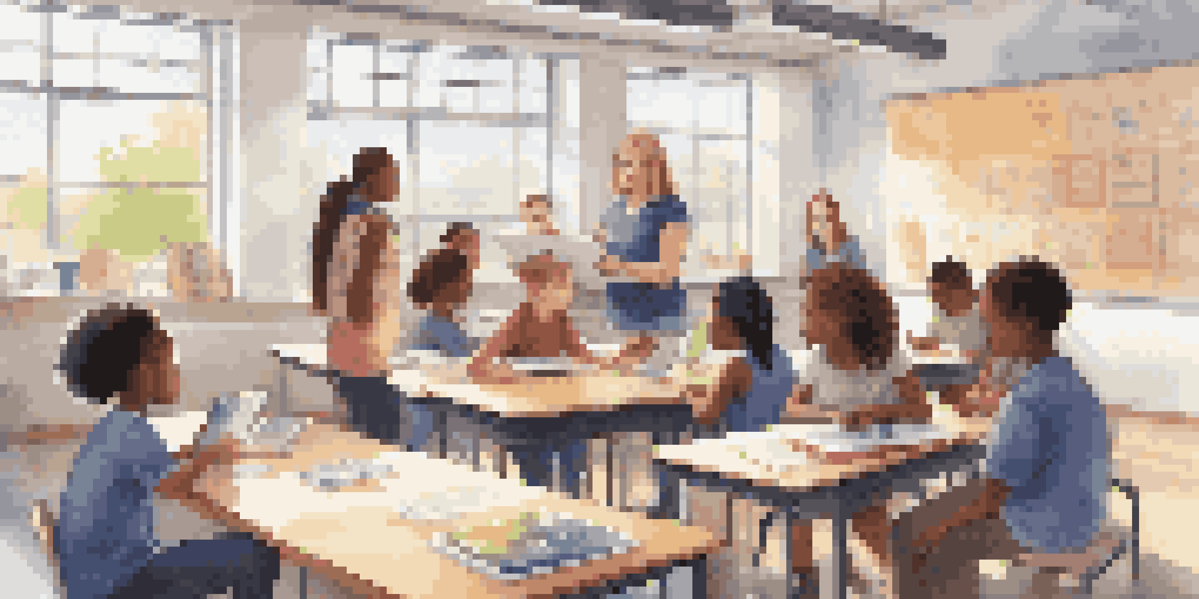 A teacher demonstrating tablet use in a modern classroom with diverse students engaged and working on laptops.