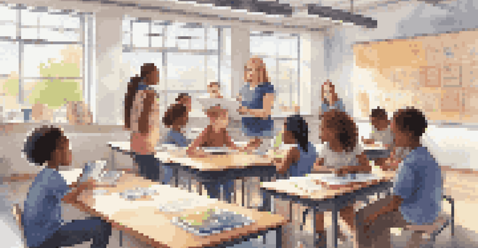 A teacher demonstrating tablet use in a modern classroom with diverse students engaged and working on laptops.