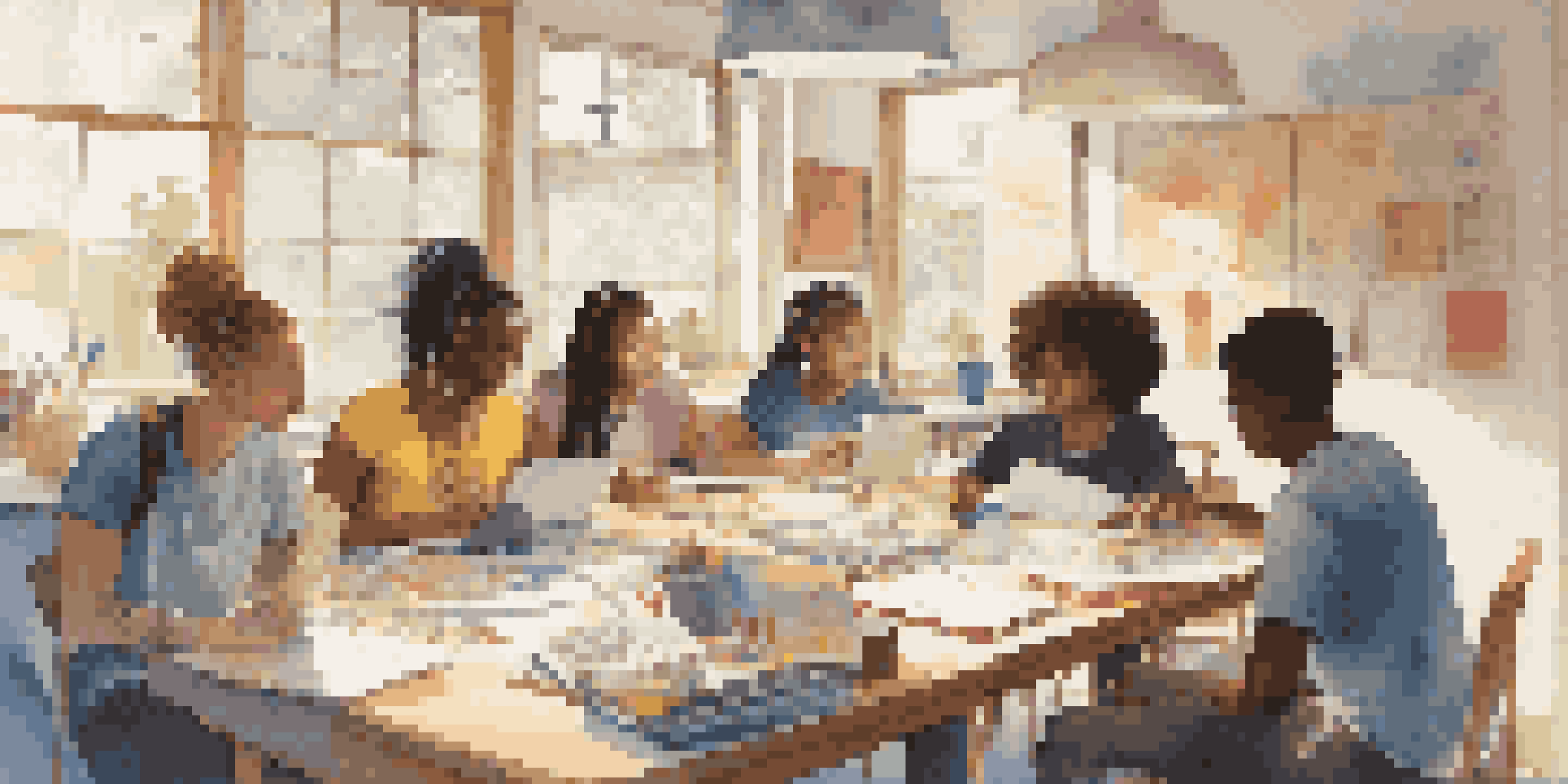 A diverse group of students actively collaborating at a table filled with notebooks and laptops, illuminated by sunlight.