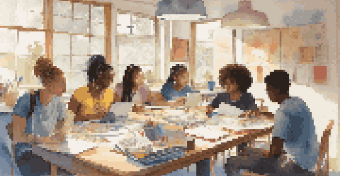 A diverse group of students actively collaborating at a table filled with notebooks and laptops, illuminated by sunlight.