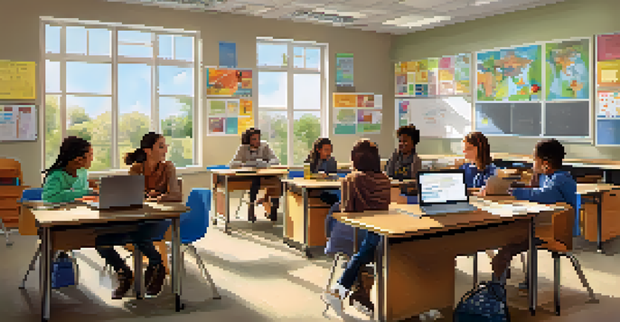 A vibrant classroom with diverse students using technology like tablets and interactive whiteboards, collaborating at round tables in a sunny environment.