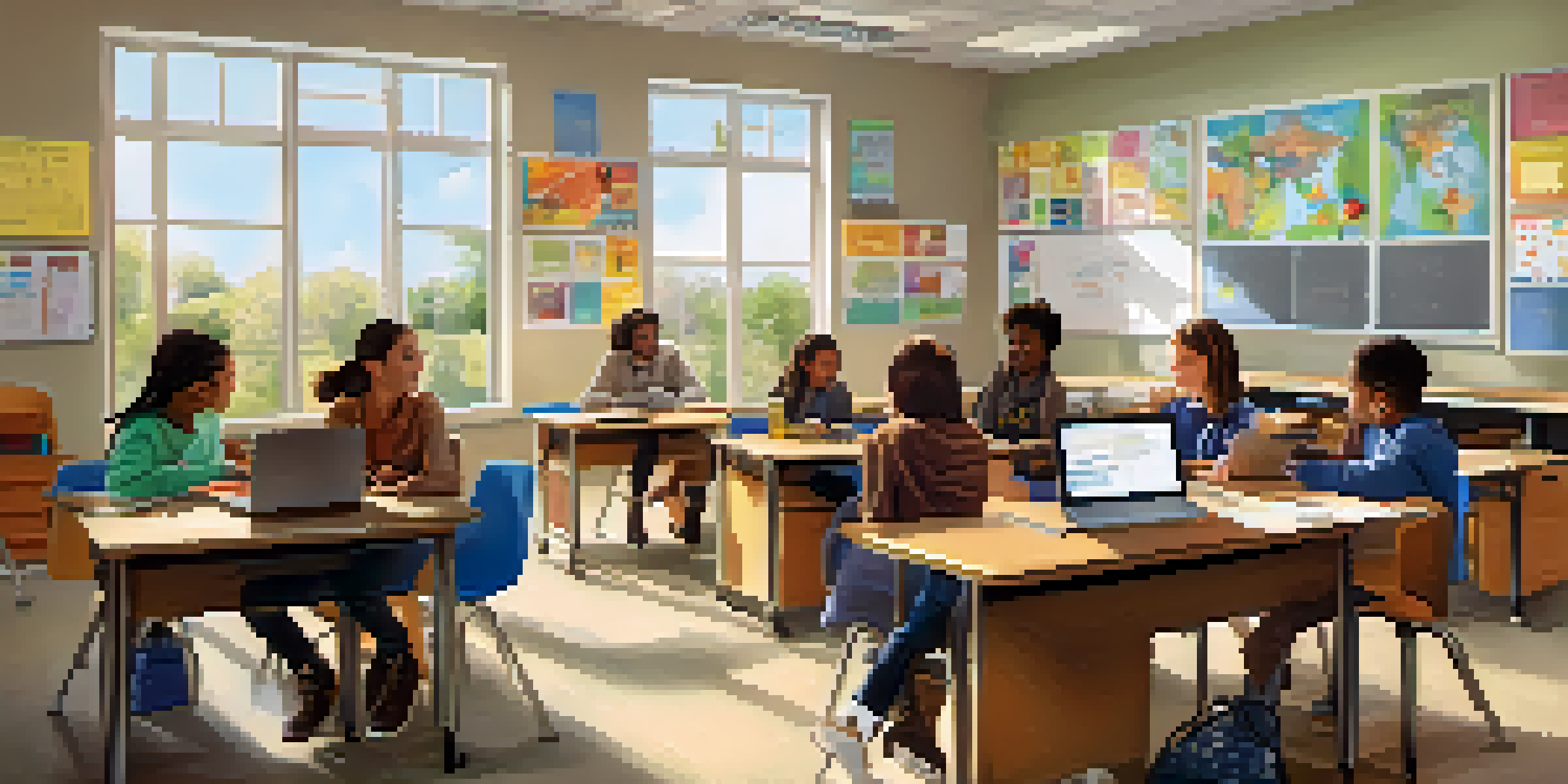 A vibrant classroom with diverse students using technology like tablets and interactive whiteboards, collaborating at round tables in a sunny environment.