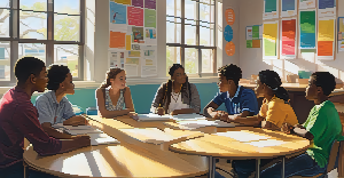 A lively classroom with students discussing emotional intelligence, colorful posters on walls, and sunlight streaming through windows.