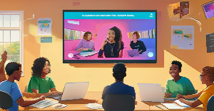 A virtual classroom scene with diverse students participating in a humorous online lesson, showing smiles and engagement.
