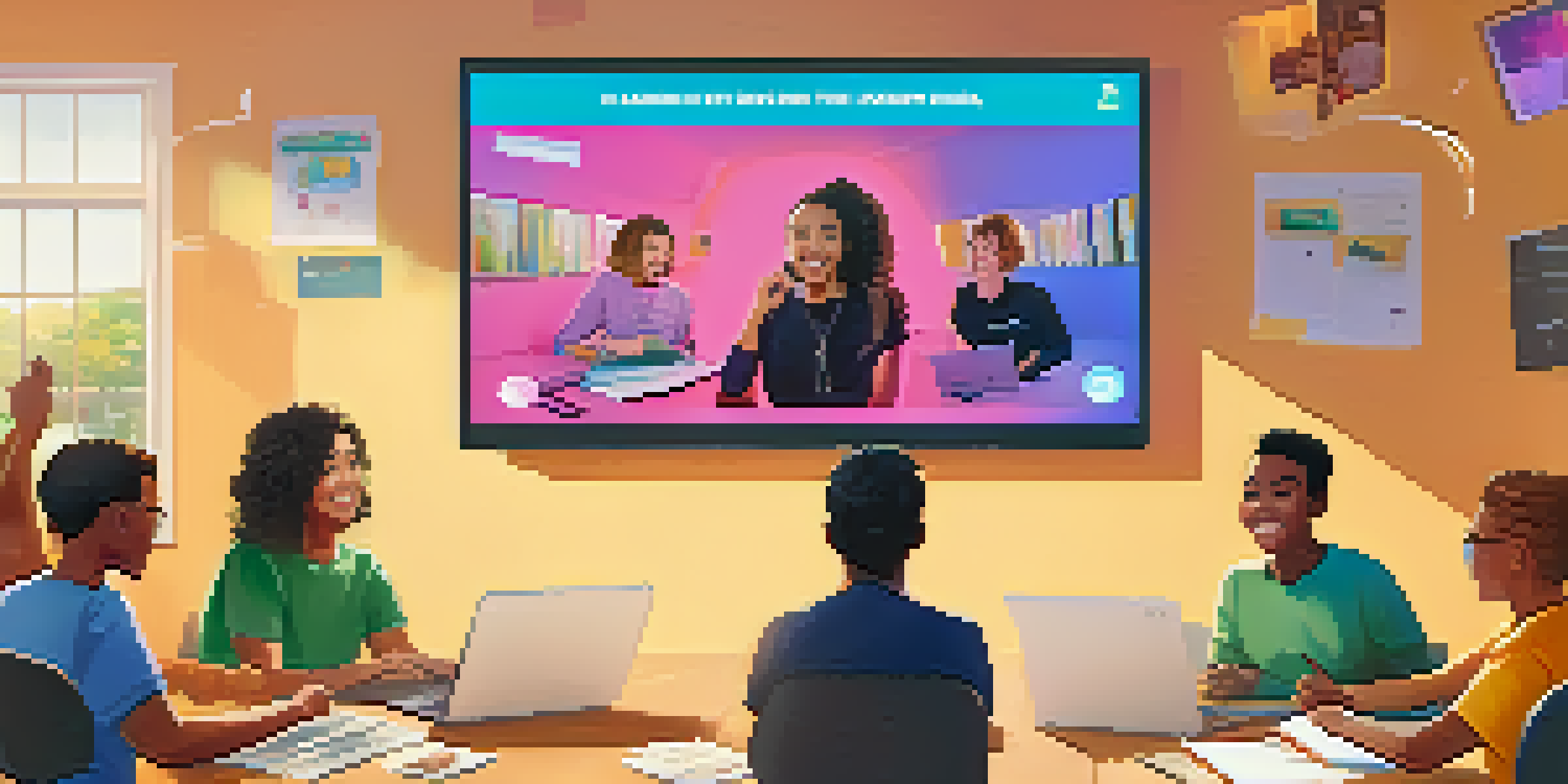 A virtual classroom scene with diverse students participating in a humorous online lesson, showing smiles and engagement.