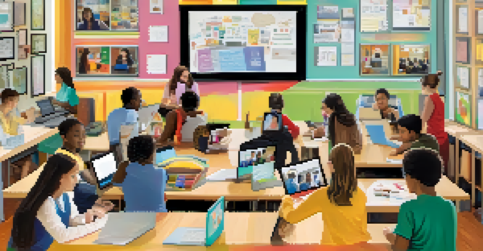 A collage showcasing different blended learning models: classroom activities, students using laptops, and a video conference.