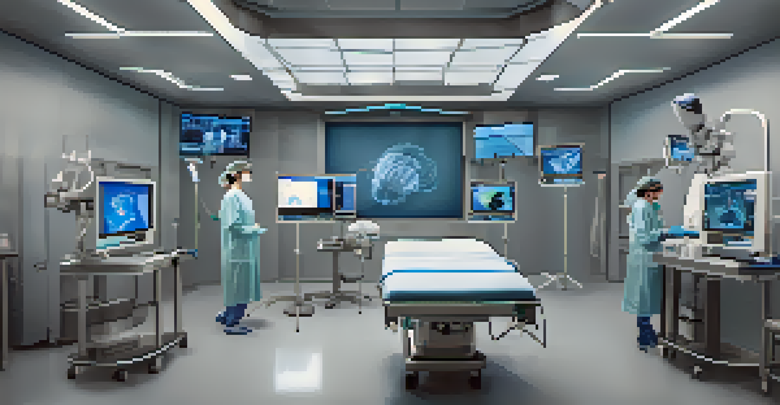 Medical students practicing surgeries in a virtual reality operating room, surrounded by realistic 3D models and high-tech equipment.