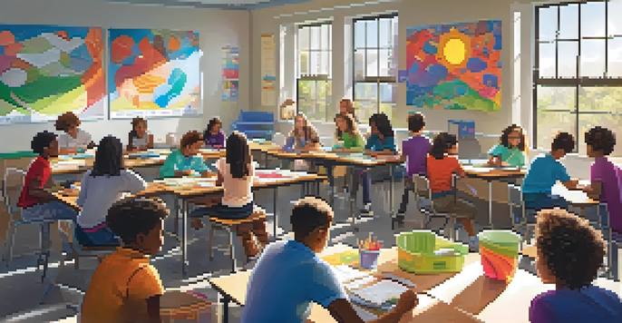 A classroom filled with students collaborating on a project, with colorful materials and bright sunlight illuminating the space.