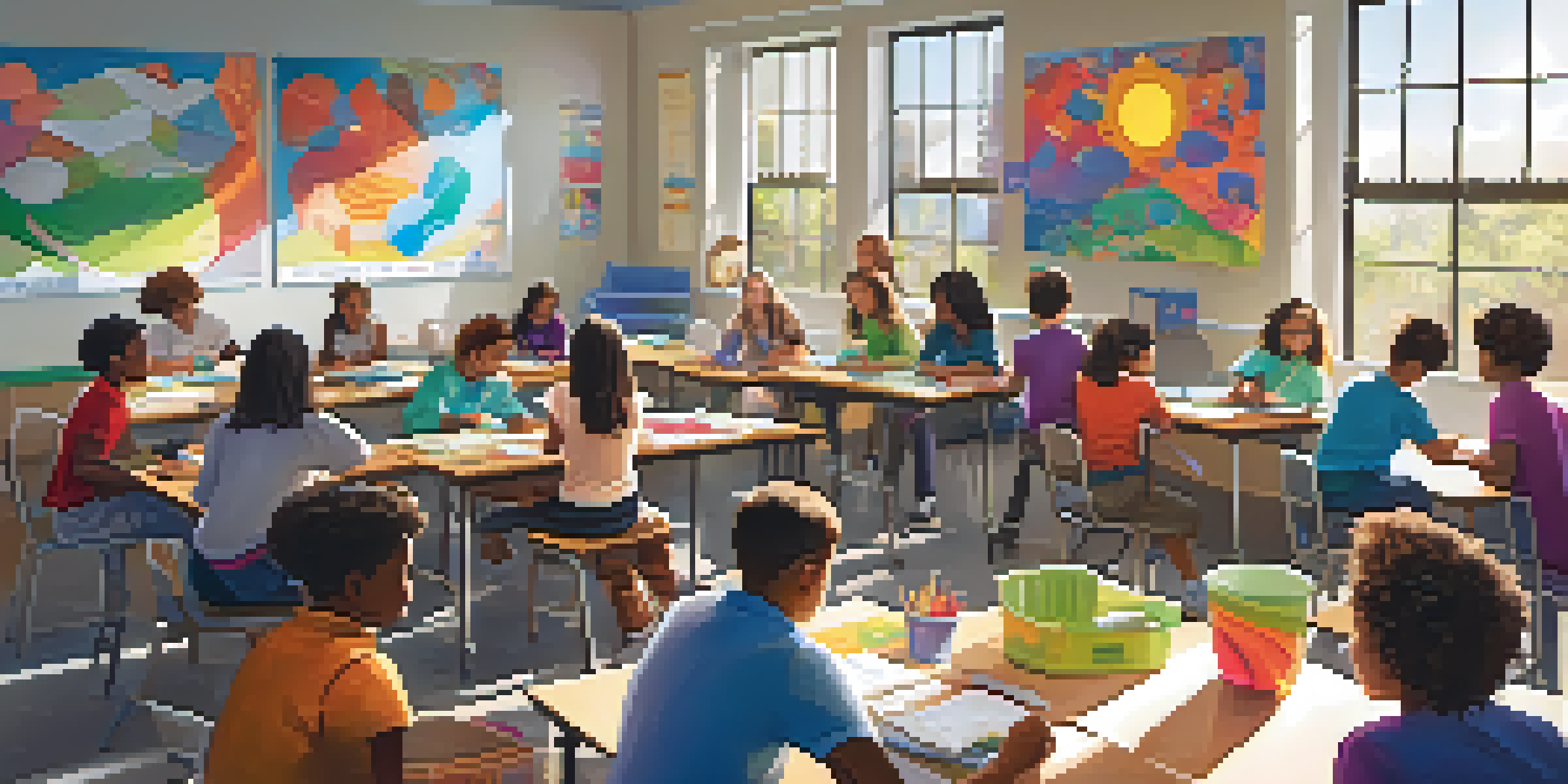 A classroom filled with students collaborating on a project, with colorful materials and bright sunlight illuminating the space.