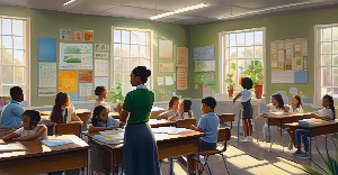 A teacher in a colorful classroom interacting with diverse students while teaching emotional intelligence.