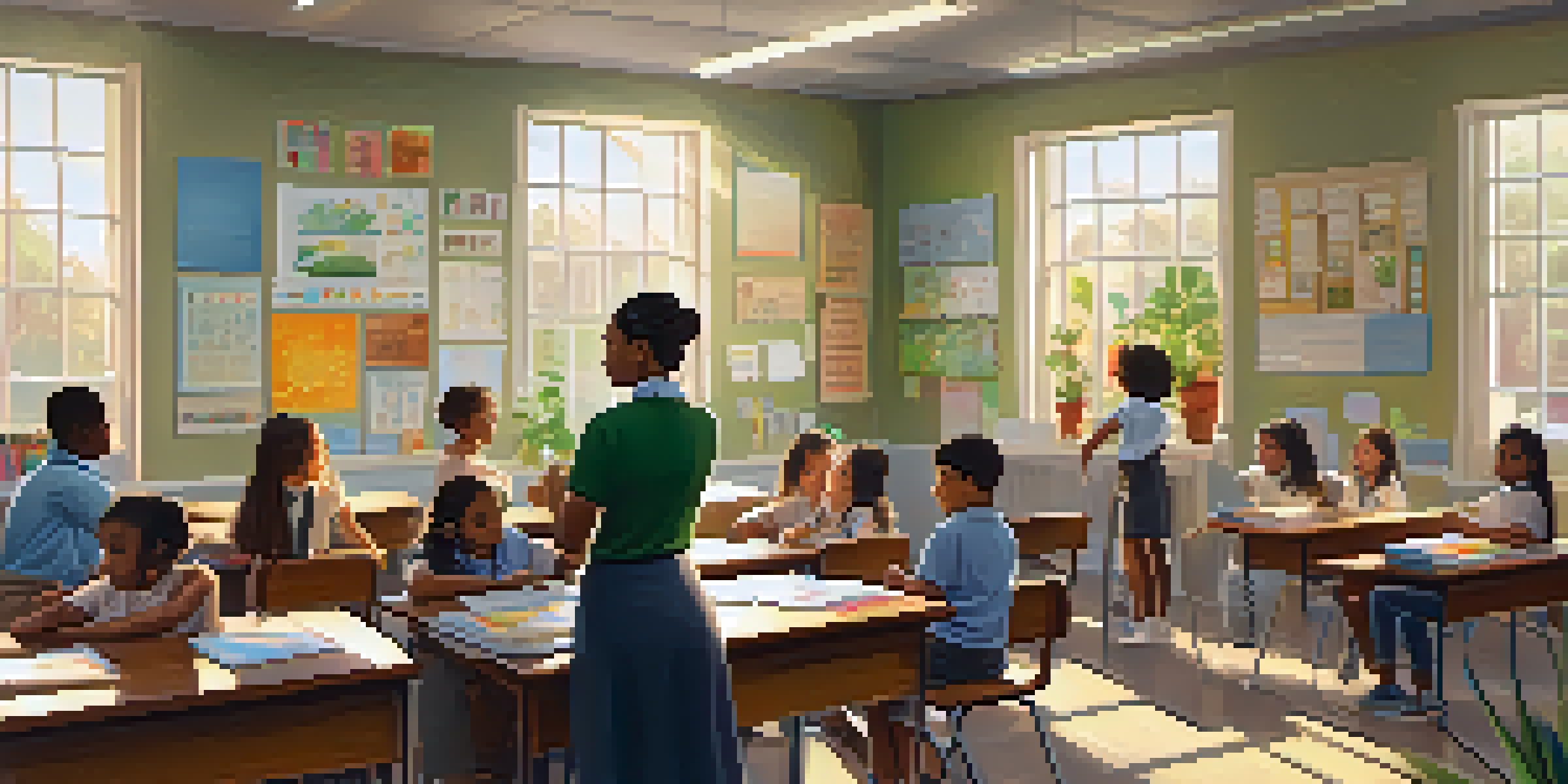 A teacher in a colorful classroom interacting with diverse students while teaching emotional intelligence.