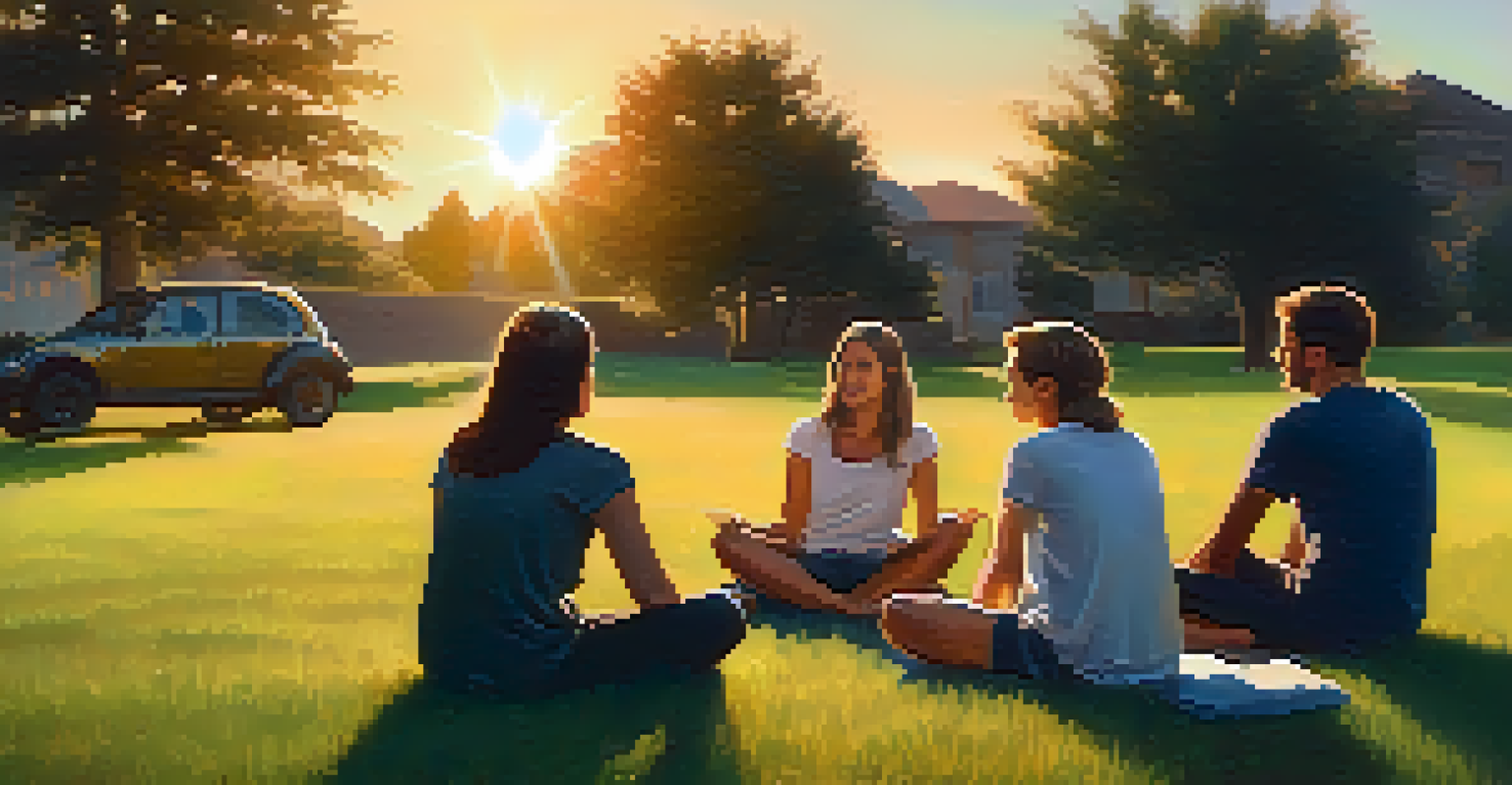 A group of friends sitting on the grass, actively listening to each other in a serene outdoor setting.