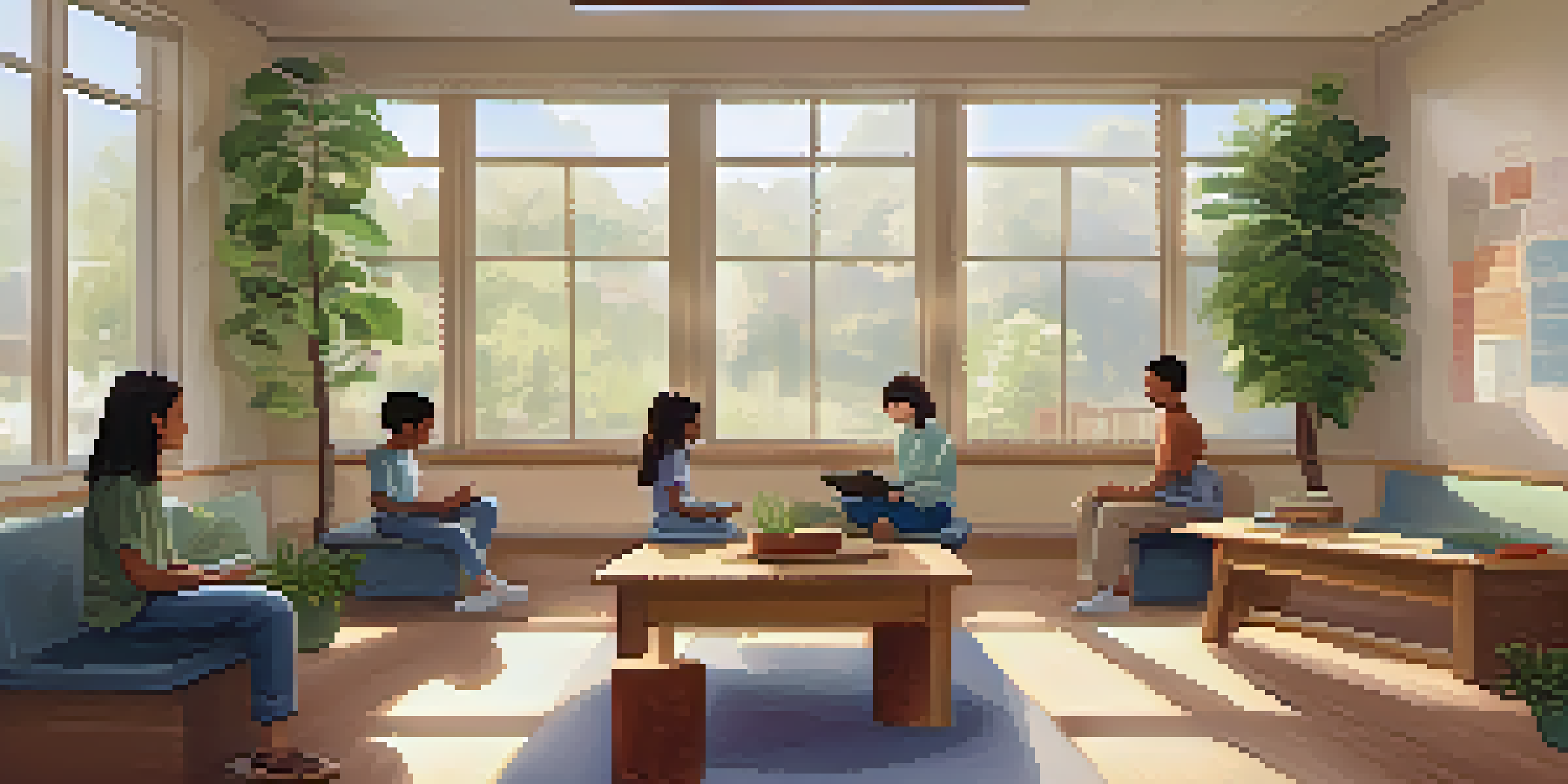 A bright and peaceful classroom with students practicing mindfulness on cushions, surrounded by plants and calming decor.