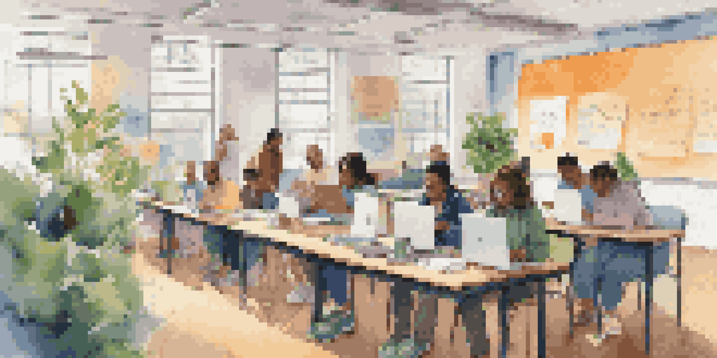 A diverse group of adult learners participating in an online class, surrounded by colorful notes and plants, in a warm and inviting classroom setting.
