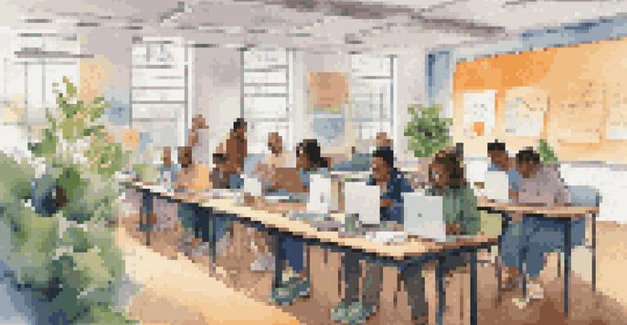 A diverse group of adult learners participating in an online class, surrounded by colorful notes and plants, in a warm and inviting classroom setting.