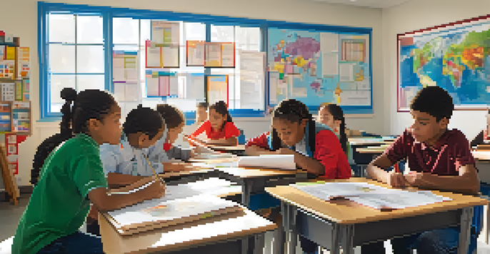 A bright classroom with diverse students engaged in reflection and self-assessment, surrounded by educational posters.
