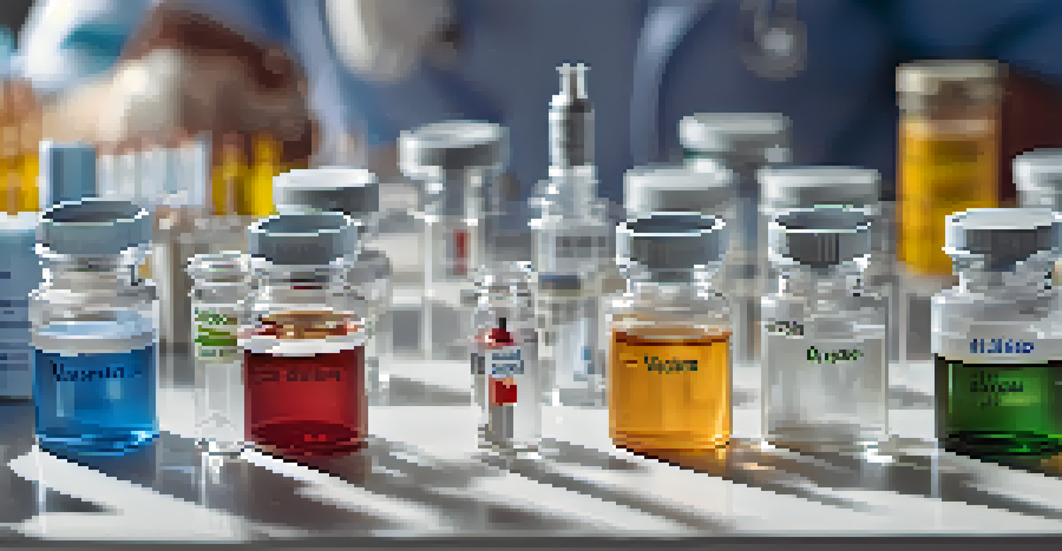 A display of vaccination vials and syringes in a sterile environment with a healthcare professional preparing a vaccine.