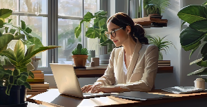 A professional woman on a video call at her desk, with plants and natural light.