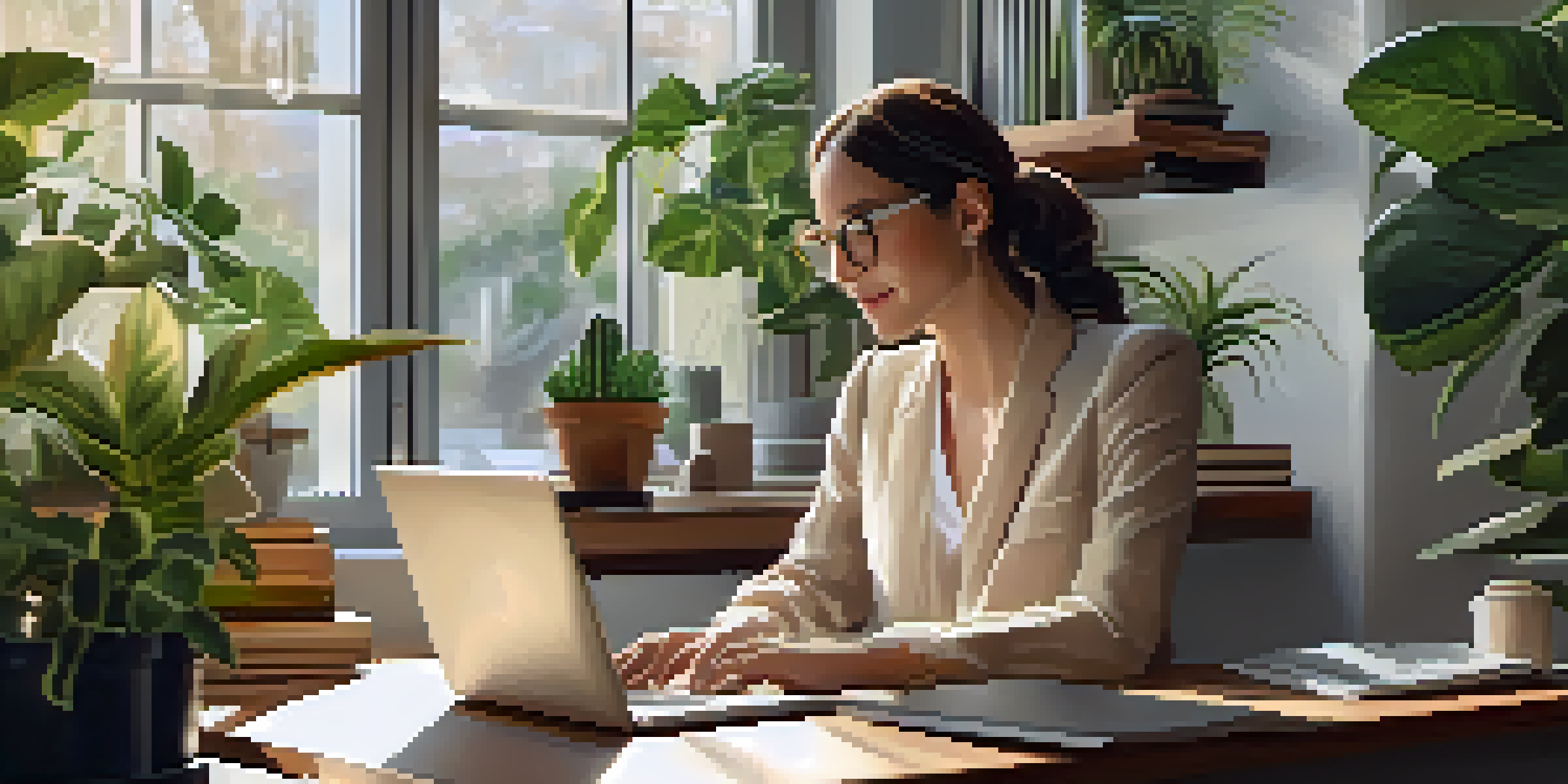 A professional woman on a video call at her desk, with plants and natural light.
