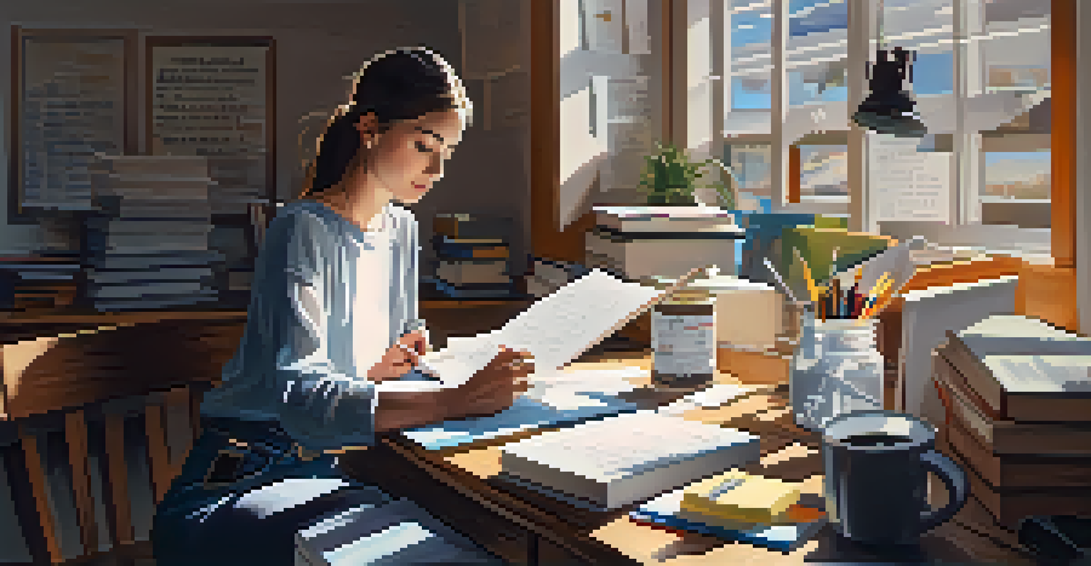 A person studying at a bright desk filled with textbooks and sticky notes, surrounded by an inspiring atmosphere.