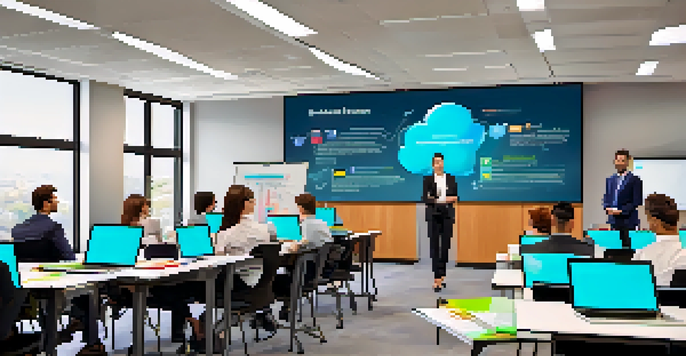 A corporate training room where employees engage with a microlearning crisis management module. The environment is bright and modern.