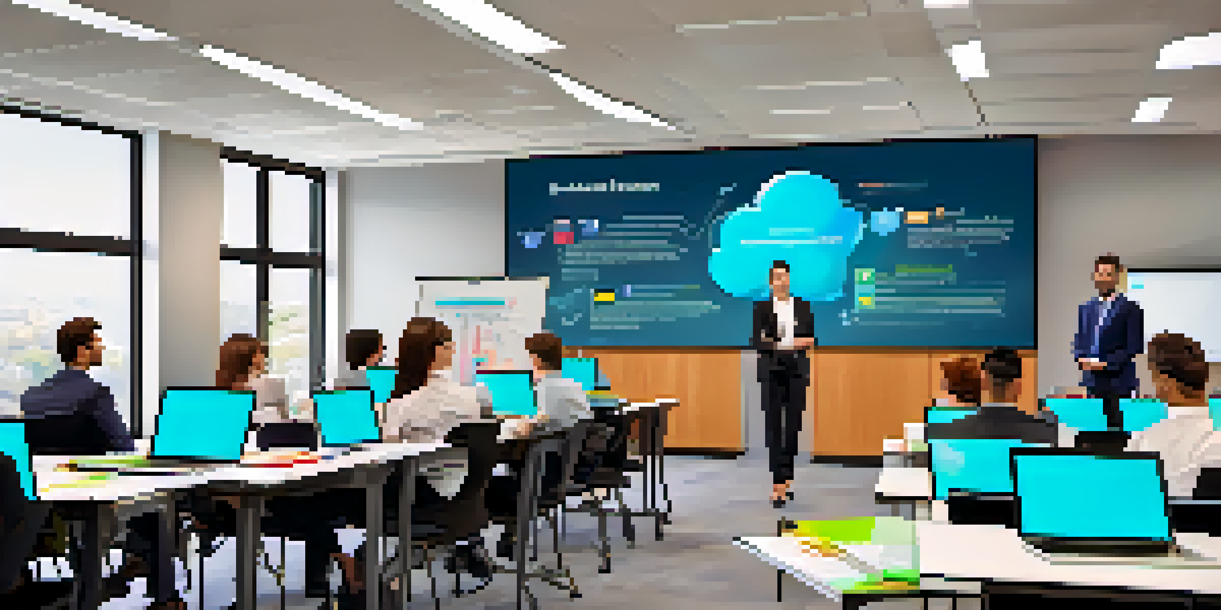 A corporate training room where employees engage with a microlearning crisis management module. The environment is bright and modern.