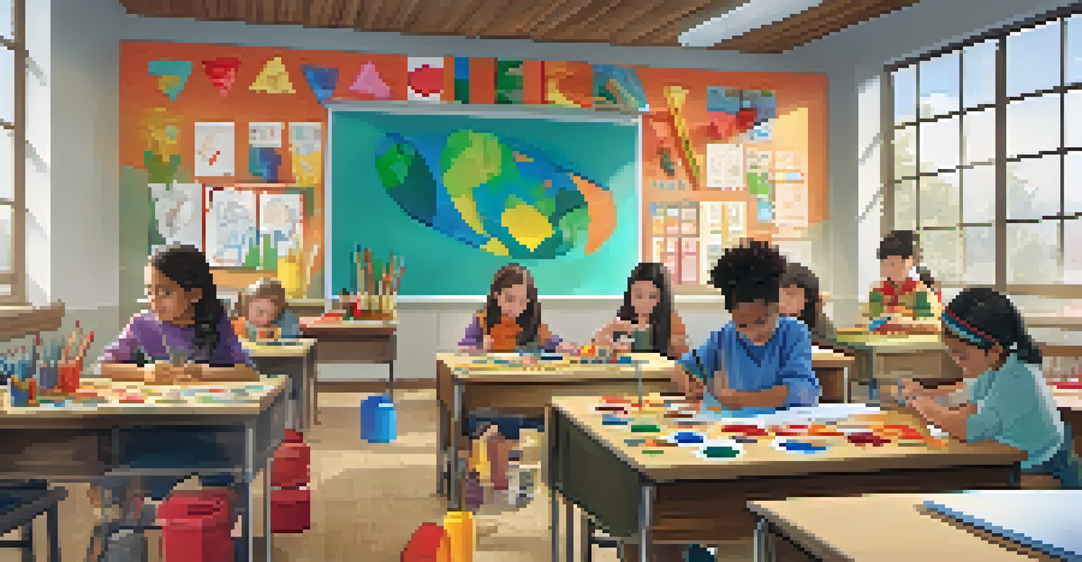 Students engaged in a creative art and craft session in a brightly lit classroom, surrounded by colorful art supplies.