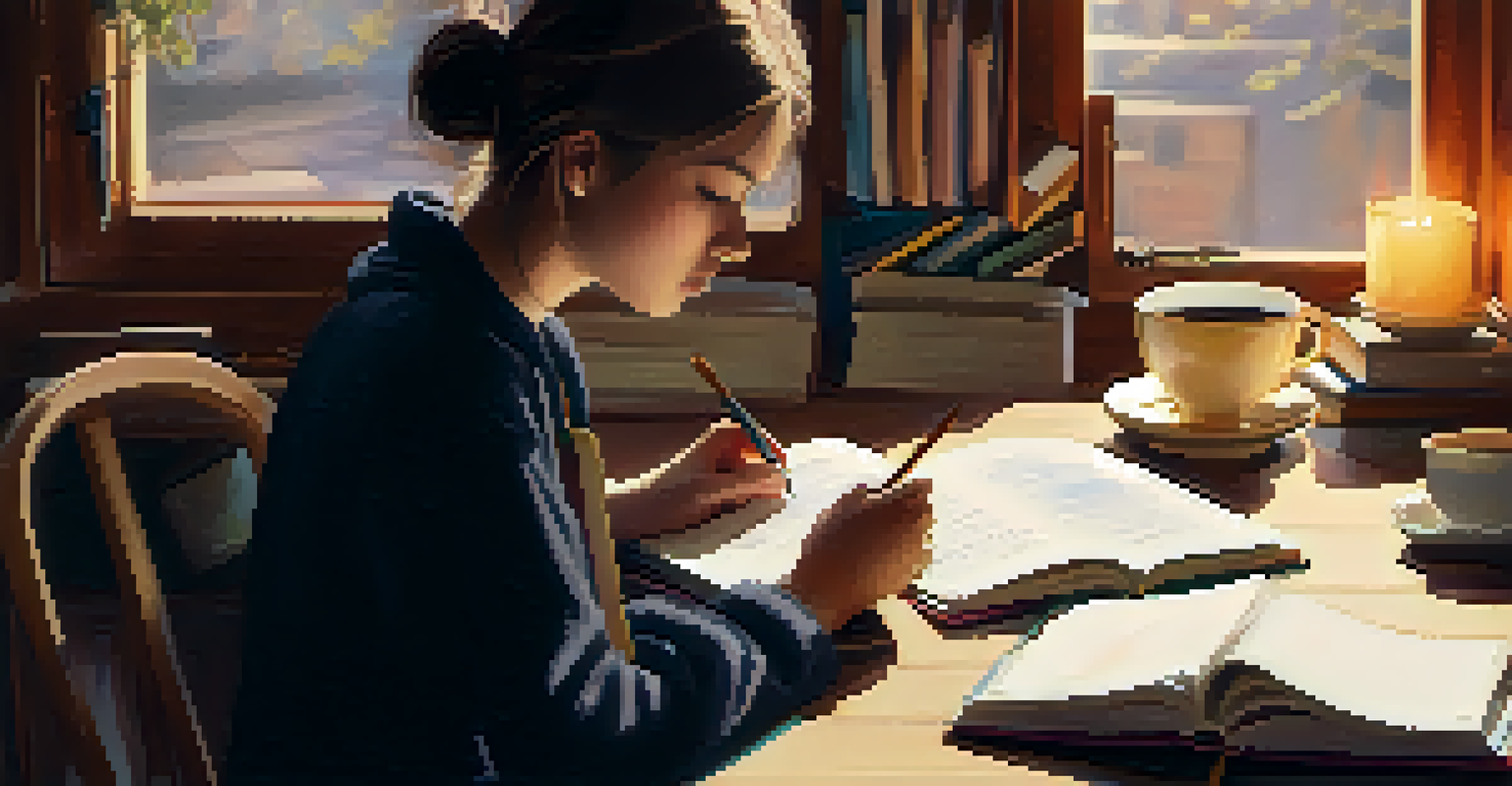 A student writing in a reflective journal with textbooks and a laptop nearby, illuminated by warm natural light.