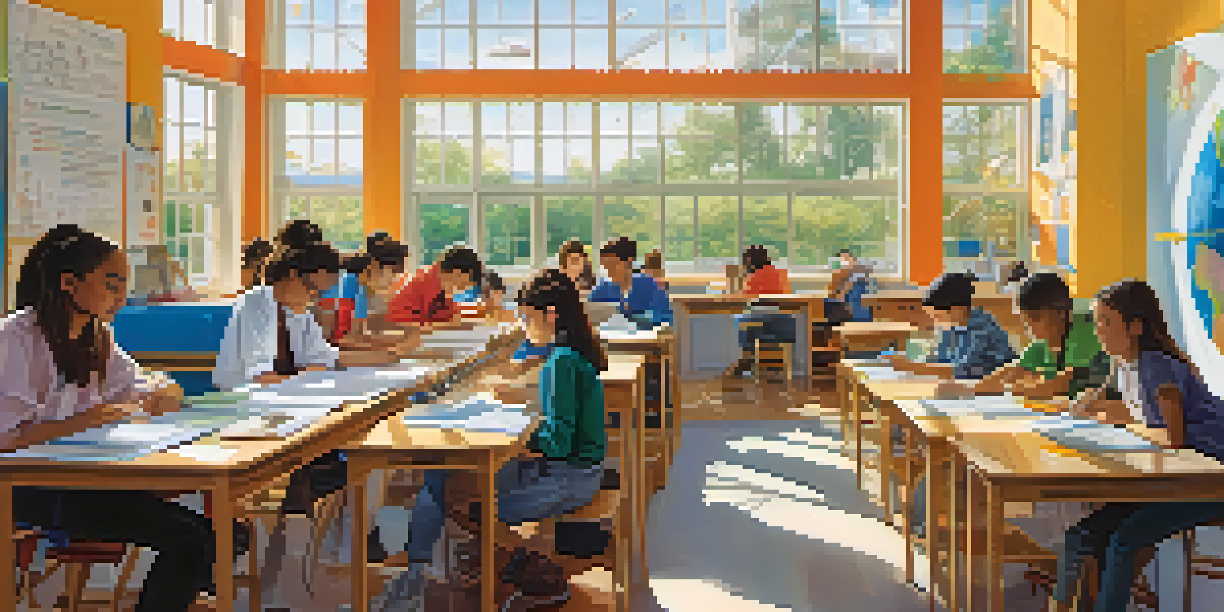 A classroom with diverse students working together on an interdisciplinary project about renewable energy, with colorful educational materials and natural light.