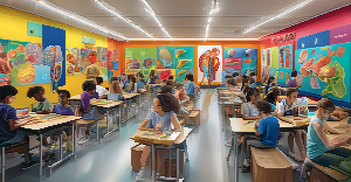 Students in a bright classroom using augmented reality tablets to explore 3D models of the human body, showcasing diverse backgrounds and engagement.