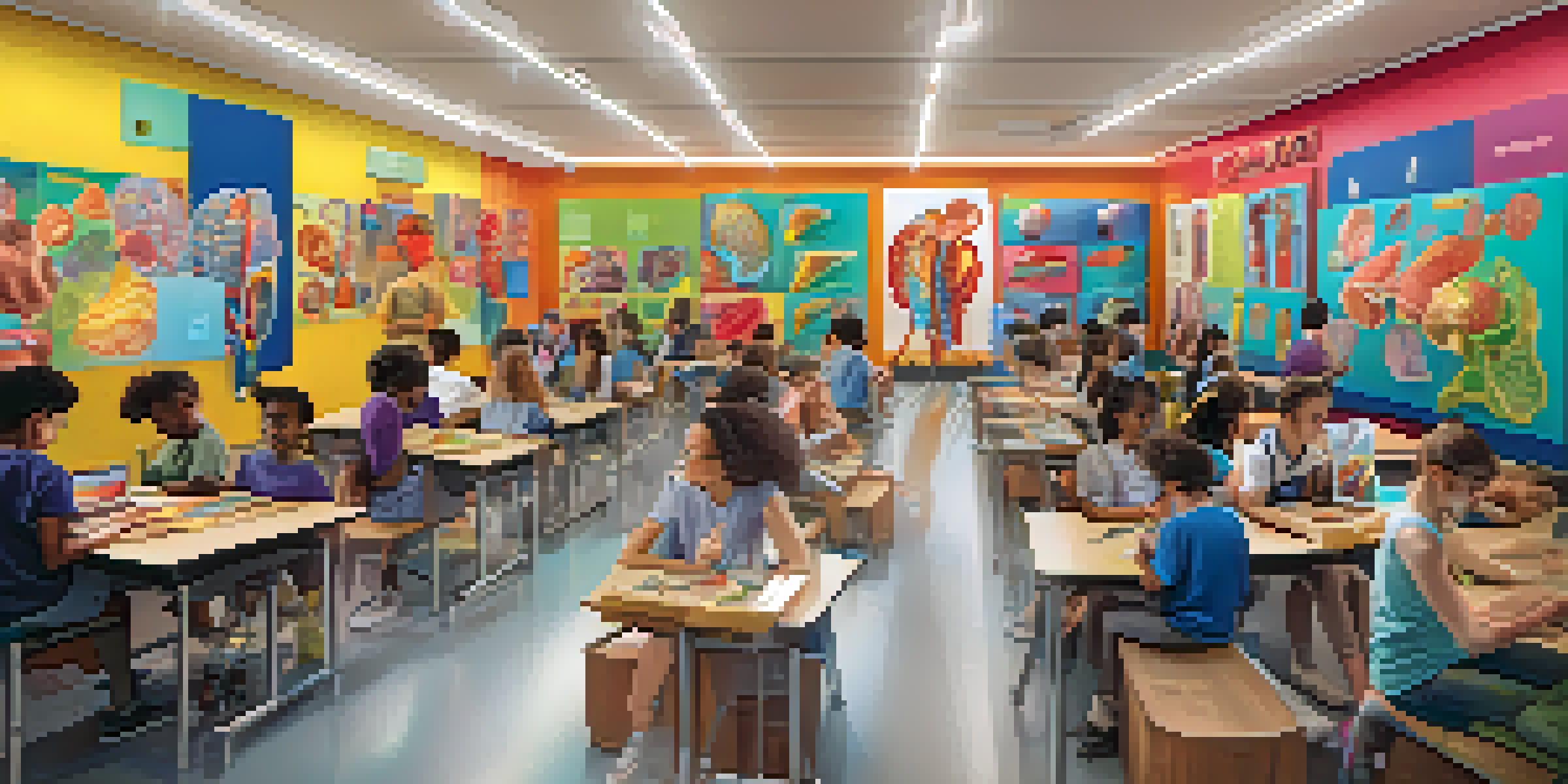 Students in a bright classroom using augmented reality tablets to explore 3D models of the human body, showcasing diverse backgrounds and engagement.