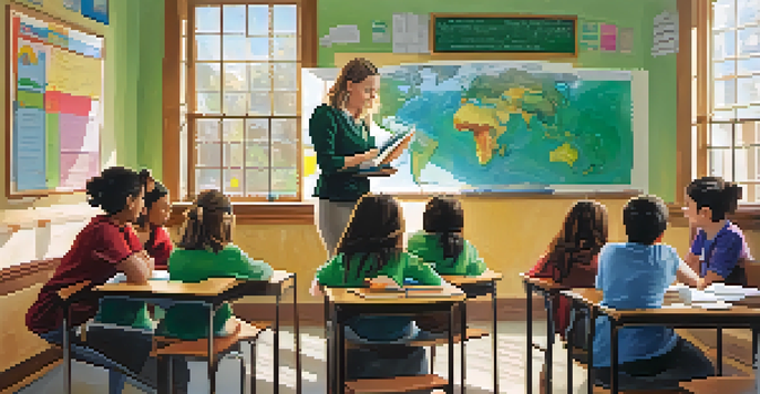 A classroom with two teachers collaborating; one is teaching while the other is observing and taking notes.