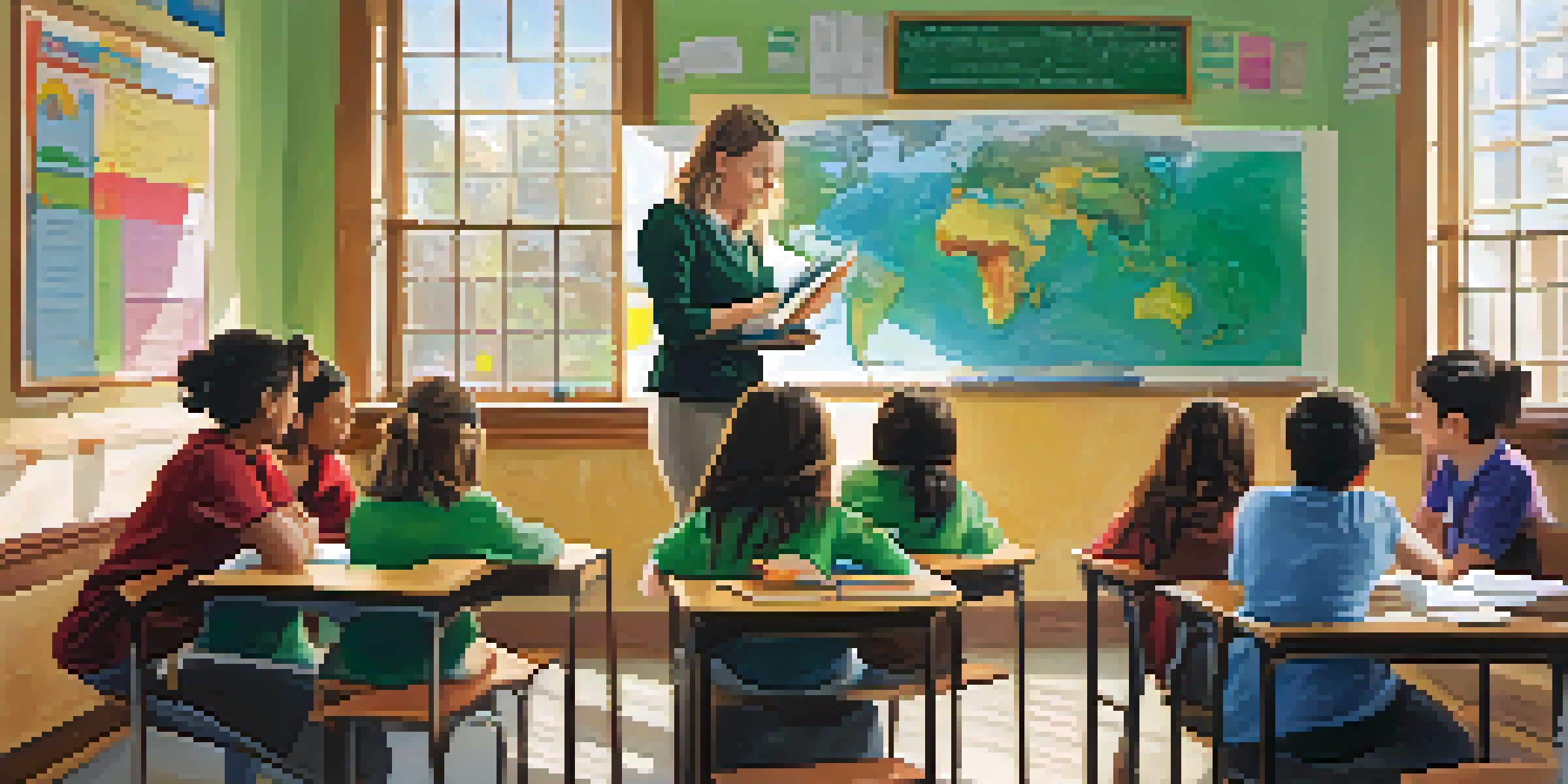 A classroom with two teachers collaborating; one is teaching while the other is observing and taking notes.