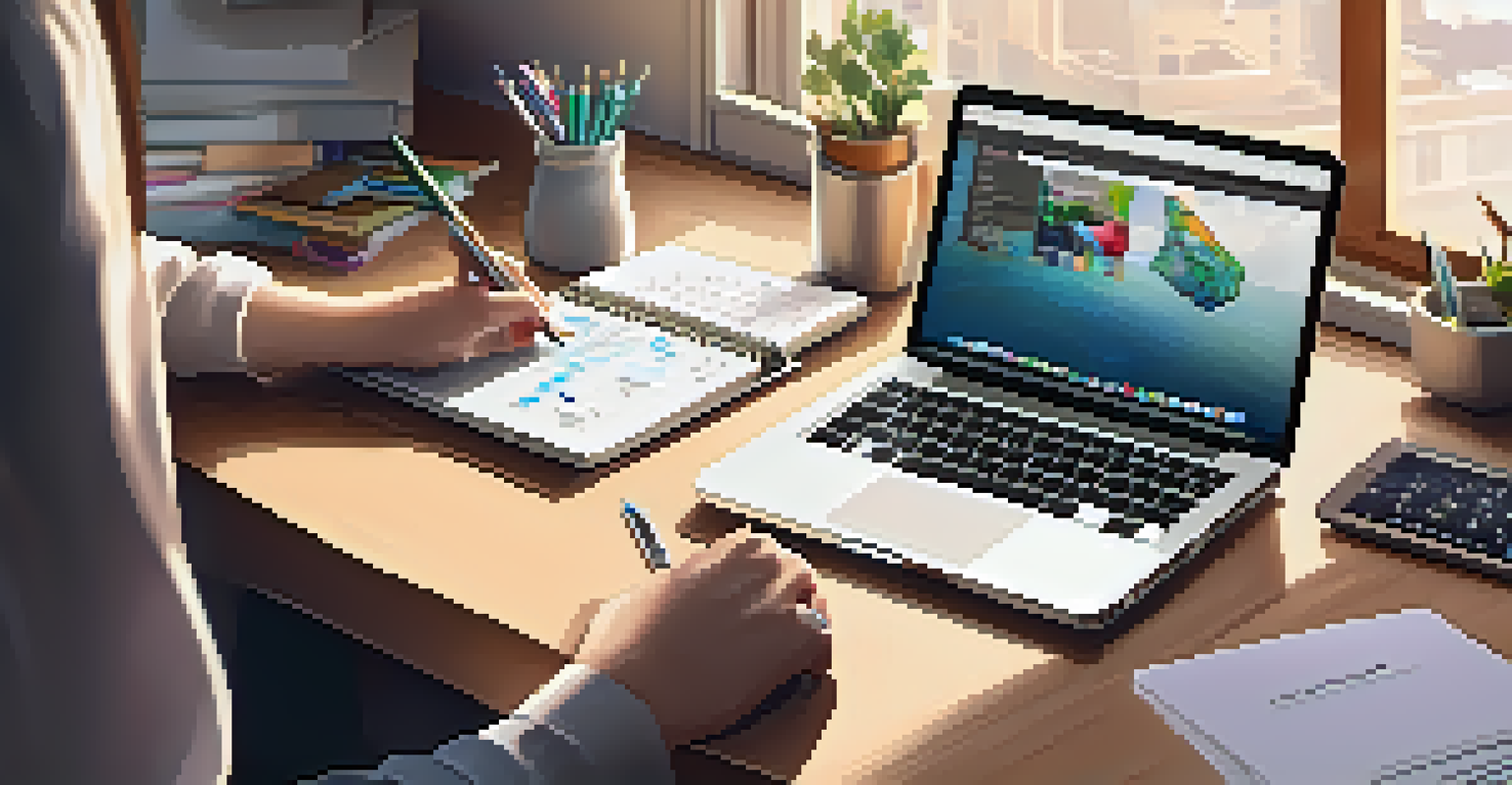 A close-up of a student's hands typing on a laptop with a digital planner, surrounded by stationery and a motivational quote.