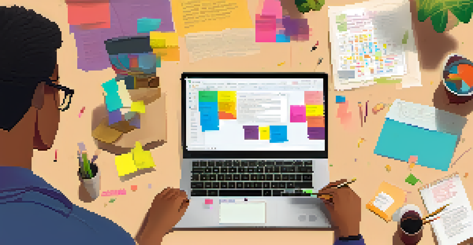 A student's hands working on a laptop with project notes and colorful sticky notes in a cozy workspace.