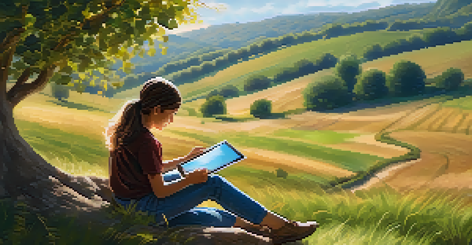 A rural student using a tablet under a tree, with a scenic landscape of hills and fields in the background.