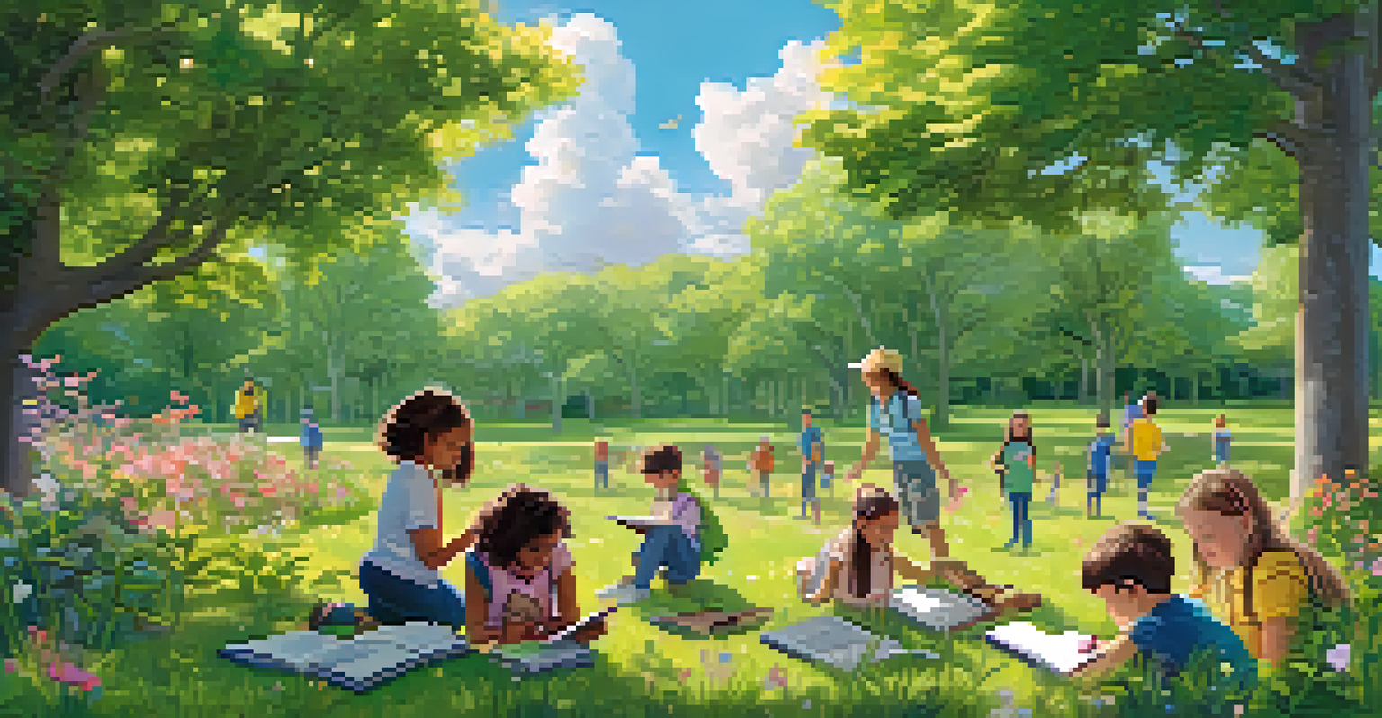 Students enjoying a nature scavenger hunt in a park, exploring plants and insects, surrounded by greenery.