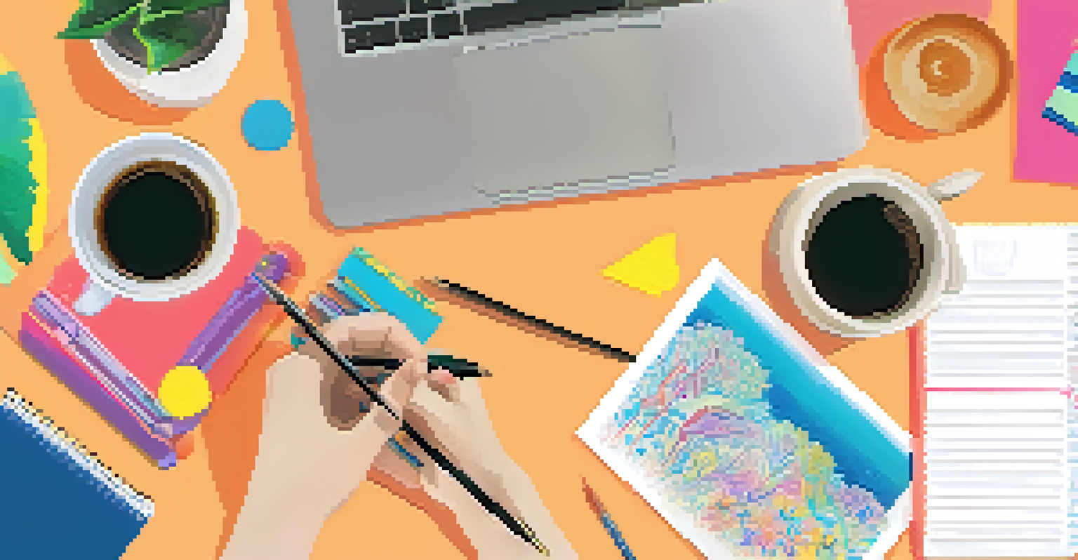 A close-up view of a student's hands writing notes and working on a project at a desk filled with colorful stationery and a laptop.