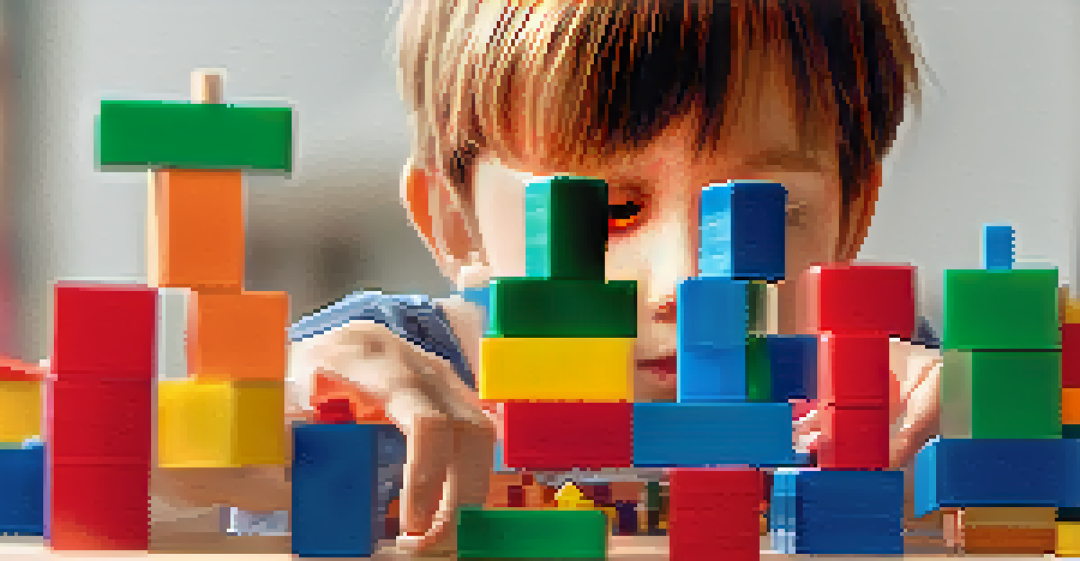 A close-up of a child's hands stacking colorful building blocks, illustrating playful learning and creativity.