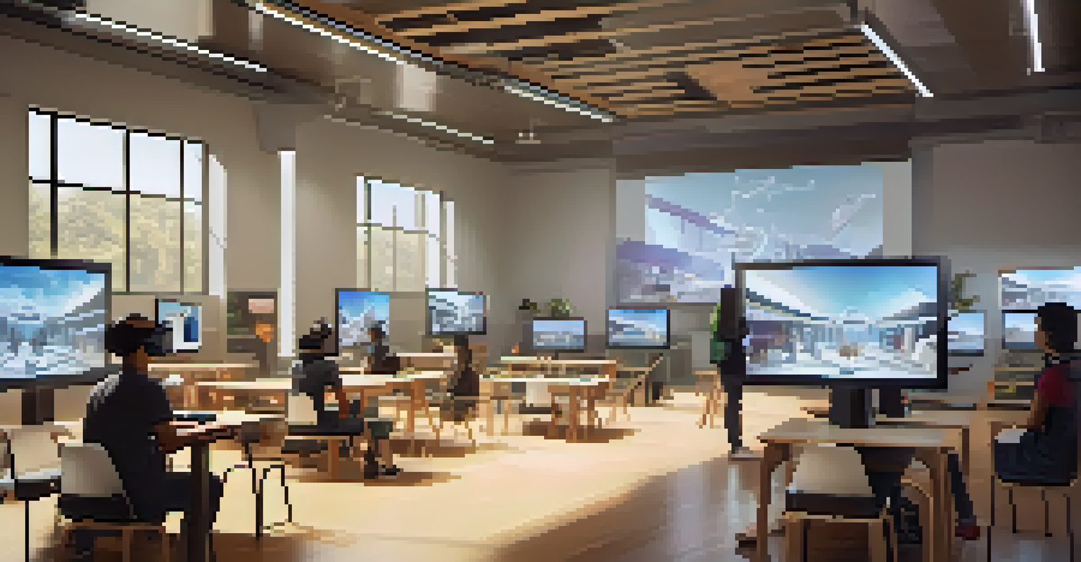 A modern classroom with students using VR headsets to explore historical simulations, surrounded by interactive screens and collaborative workspaces.